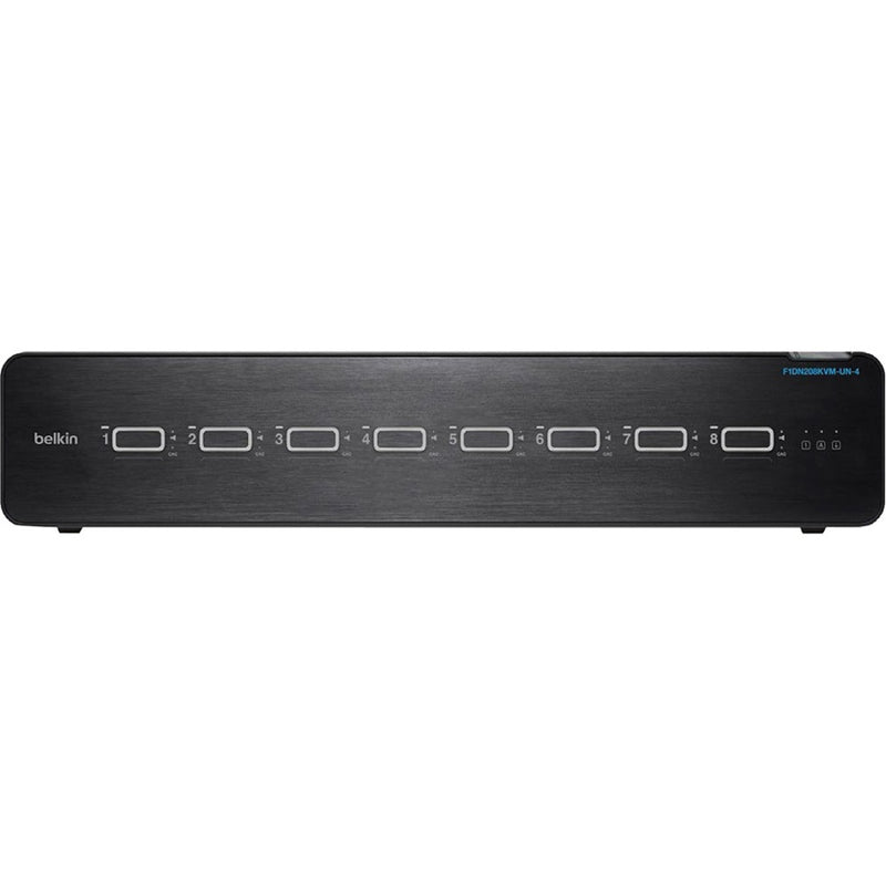 Front view of Belkin F1DN208KVM-UN-4 Secure KVM Switch showing 8 numbered selection buttons with LED indicators on black brushed aluminum chassis