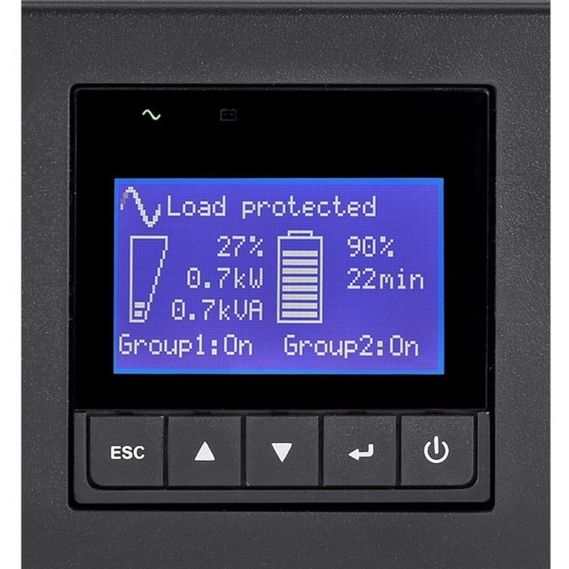 Close-up of Eaton 9PX UPS LCD screen showing system information