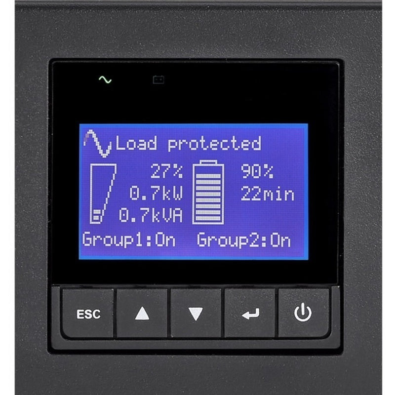 Close-up of Eaton 9PX UPS LCD screen interface