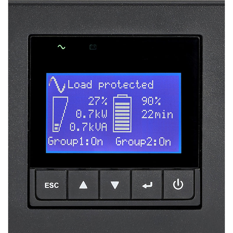 Close-up of Eaton 9PX UPS LCD display showing power metrics and system status