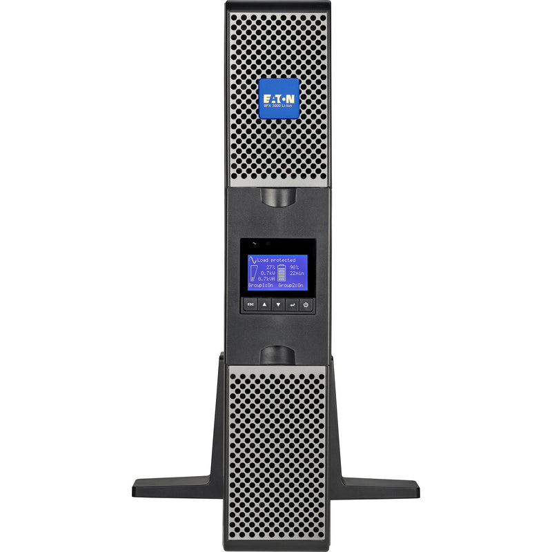 Vertical tower view of Eaton 9PX UPS with support stands and rotated display