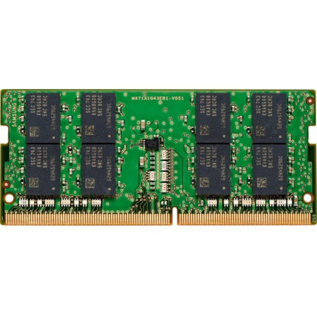 Top view of HP 16GB DDR4 SDRAM memory module showing green PCB with eight memory chips arranged in two rows and gold connection pins-alternate-image1