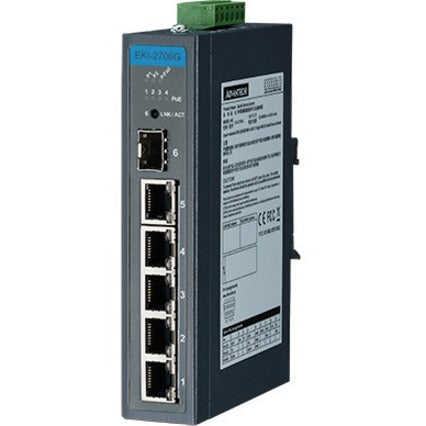 Front view of Advantech EKI-2706G-1GFPI industrial ethernet switch showing 5 ports and power terminal