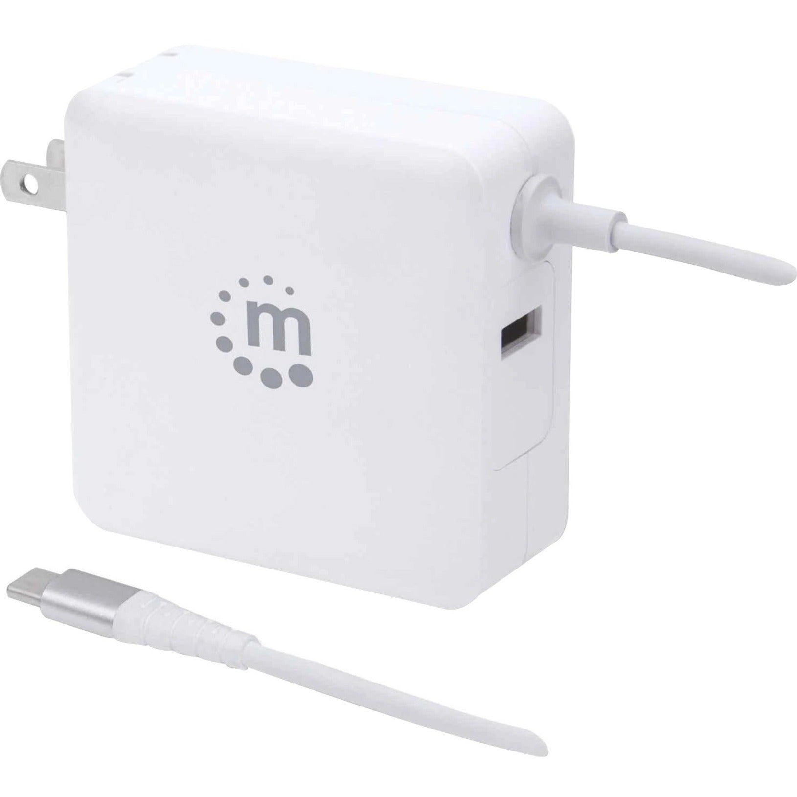 Manhattan 180245 Power Delivery Wall Charger with Built-in USB-C Cable - 60W, 45W USB-C Power Delivery Port, 2.4A USB-A Port, White