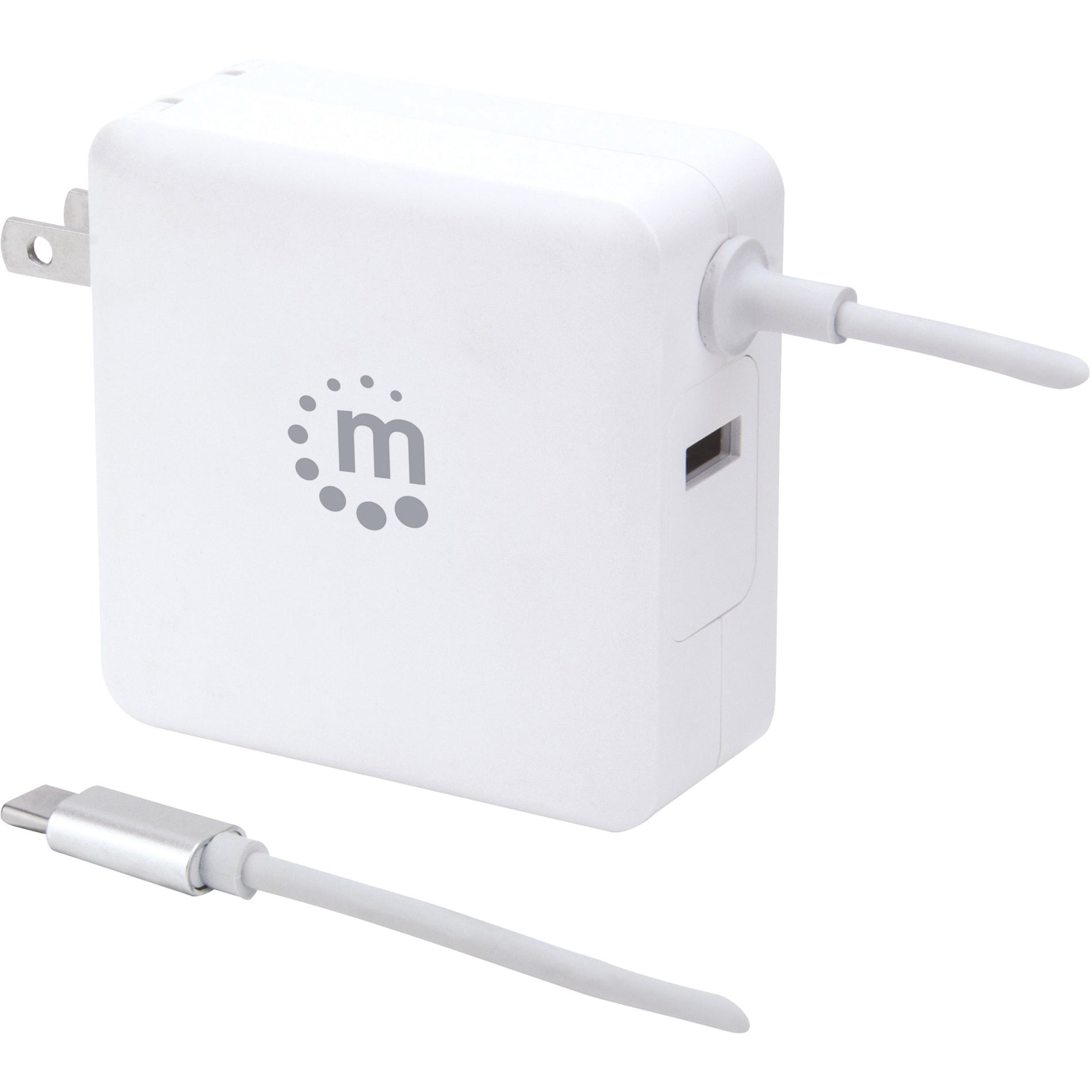 Manhattan 180245 Power Delivery Wall Charger with Built-in USB-C Cable - 60W, 45W USB-C Power Delivery Port, 2.4A USB-A Port, White