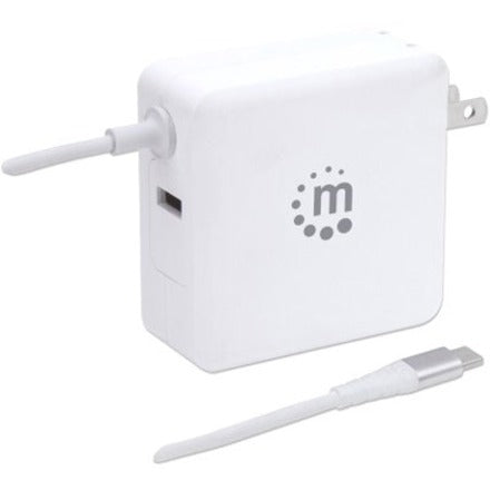 Manhattan 180245 Power Delivery Wall Charger with Built-in USB-C Cable - 60W, 45W USB-C Power Delivery Port, 2.4A USB-A Port, White