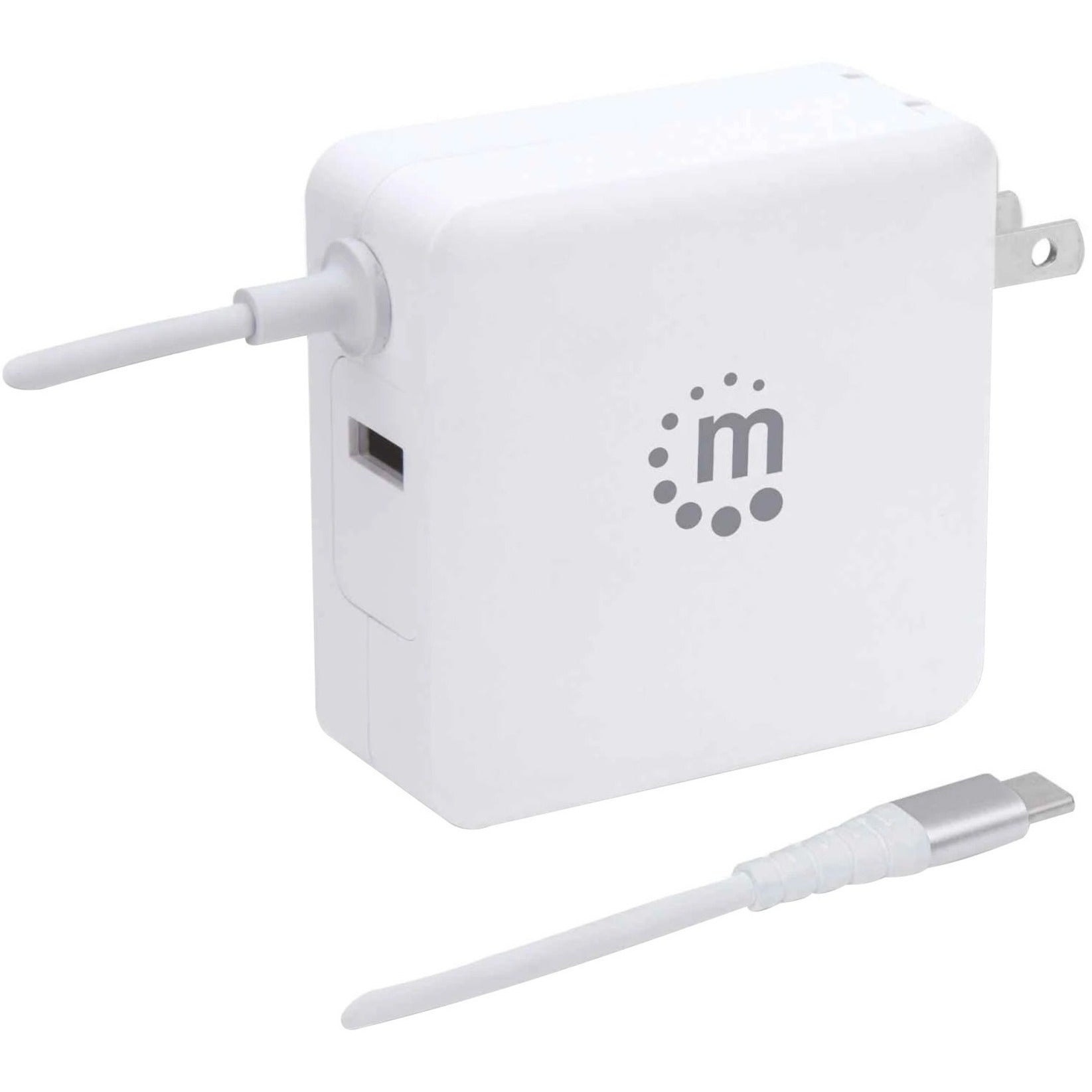 Manhattan 180245 Power Delivery Wall Charger with Built-in USB-C Cable - 60W, 45W USB-C Power Delivery Port, 2.4A USB-A Port, White