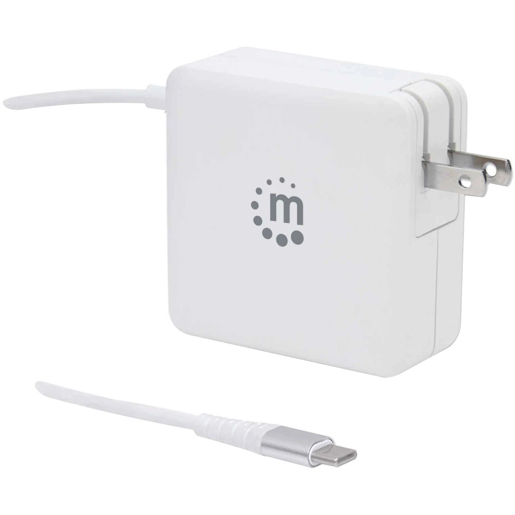 Manhattan 180245 Power Delivery Wall Charger with Built-in USB-C Cable - 60W, 45W USB-C Power Delivery Port, 2.4A USB-A Port, White