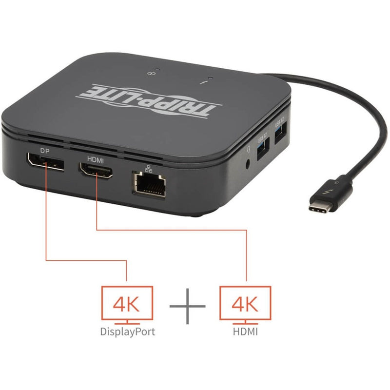 Angled view of MTB3-DOCK-04 showing display ports with dual monitor support