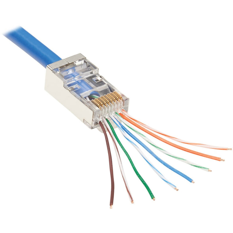 RJ45 Cat6 FTP connector with color-coded cables showing proper termination