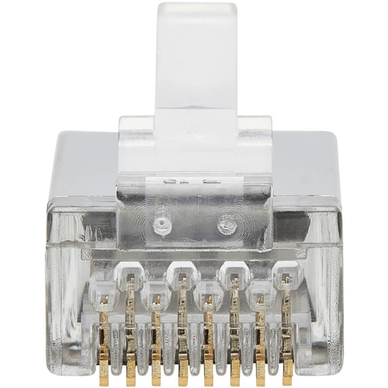 Close-up view of gold-plated contacts in RJ45 Cat6 FTP connector