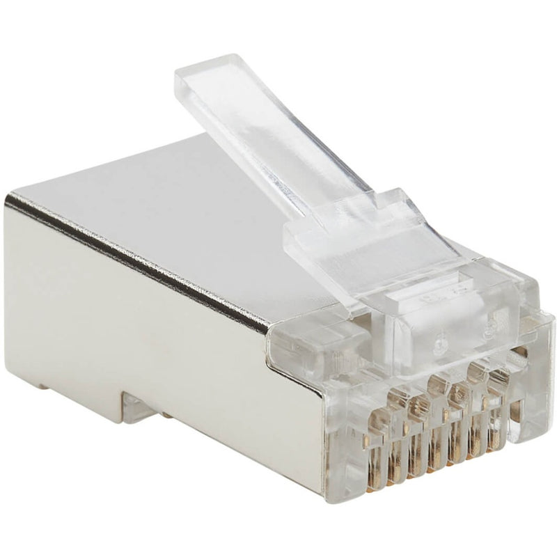 Angled view of RJ45 Cat6 FTP connector showing installation features