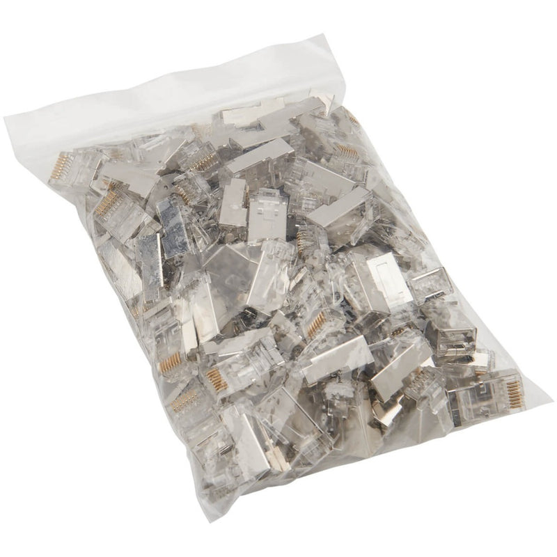 Bulk package of 100 clear RJ45 Cat6 FTP modular plugs in a plastic bag