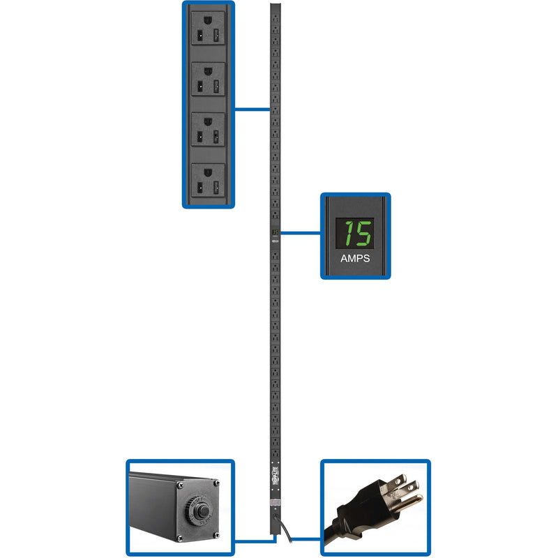 Digital ammeter display and outlet configuration of Tripp Lite PDUMV15-72 PDU showing multiple NEMA 5-15R outlets and power monitoring screen