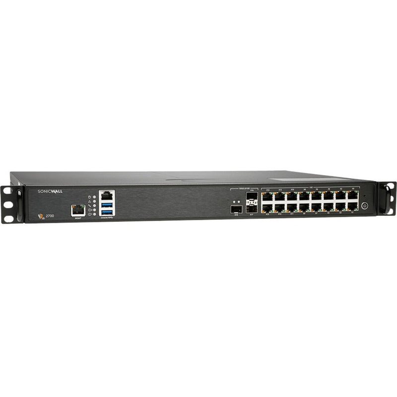 Front view of SonicWall NSA 2700 network security appliance showing 16 Gigabit Ethernet ports, management interfaces, and USB ports