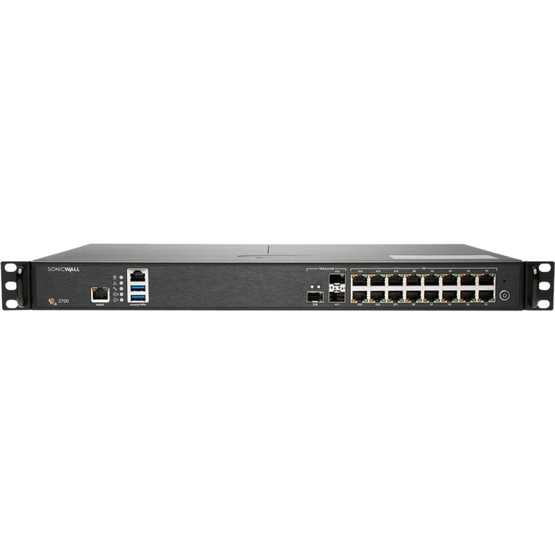 Angled view of SonicWall NSA 2700 security appliance highlighting its compact 1U design and port layout