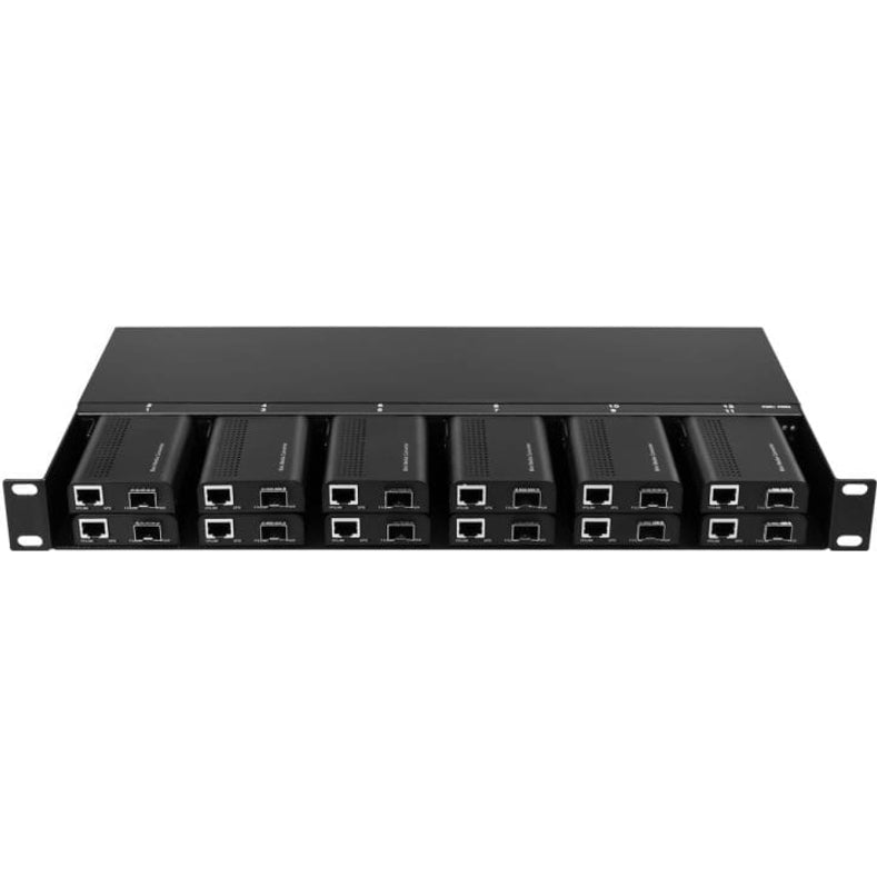 Front view of Axiom 1U rack-mount chassis showing 12 media converter slots with dual network ports-alternate-image1