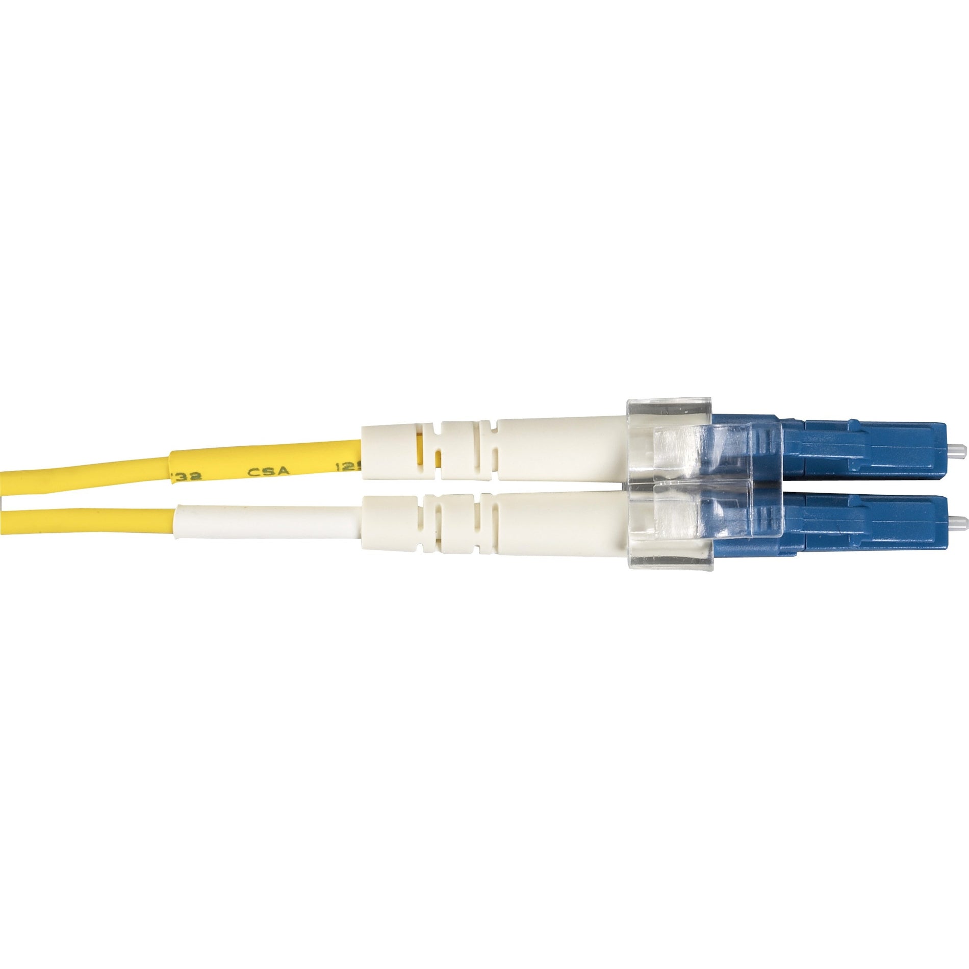 Close-up of yellow single-mode fiber optic patch cable with dual LC connectors featuring white strain relief and blue connector ends-alternate-image1