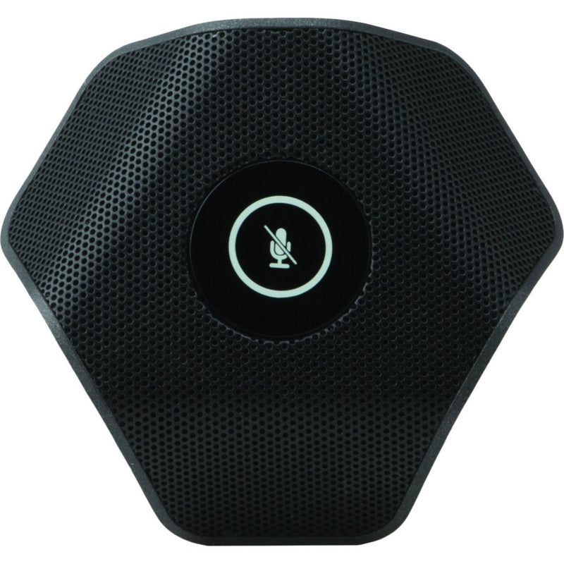 Top view of Crestron hexagonal conference microphone showing central mute button with LED indicator and perforated surface pattern