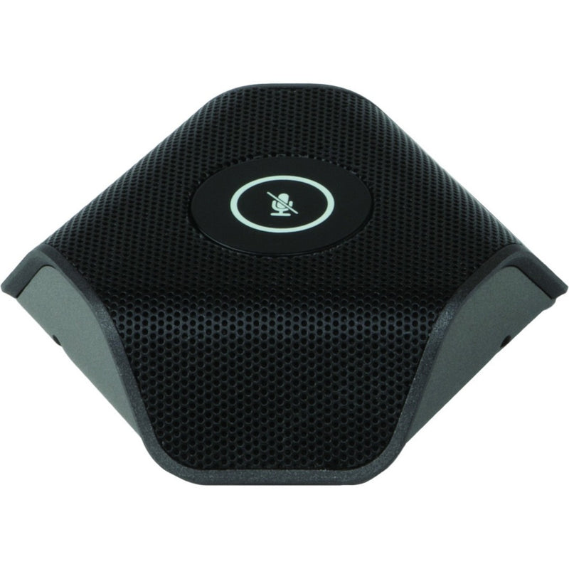 Angled view of Crestron conference microphone showing dimensional design with reinforced edges and mesh pattern