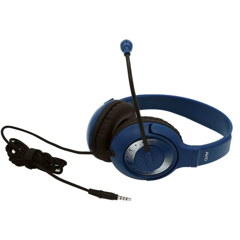 Blue Avid AE-55 educational headset with boom microphone and 3.5mm audio cable against white background