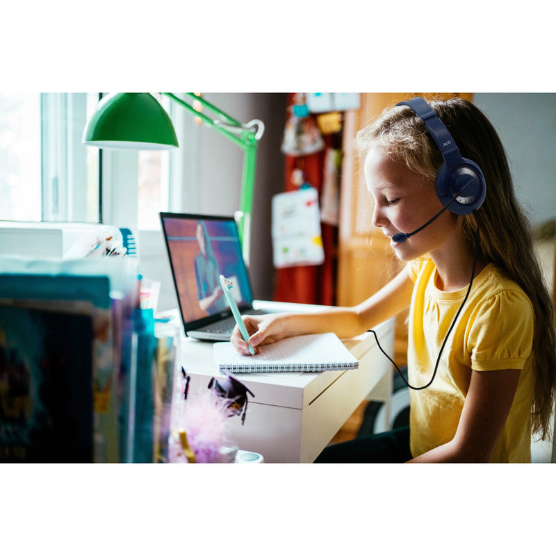 Student using Avid AE-55 headset during remote learning session at home desk with laptop