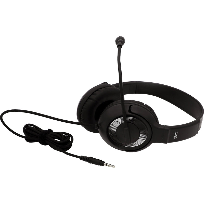 Side view of Avid Education AE-55 black headset with boom microphone and 6-foot cable