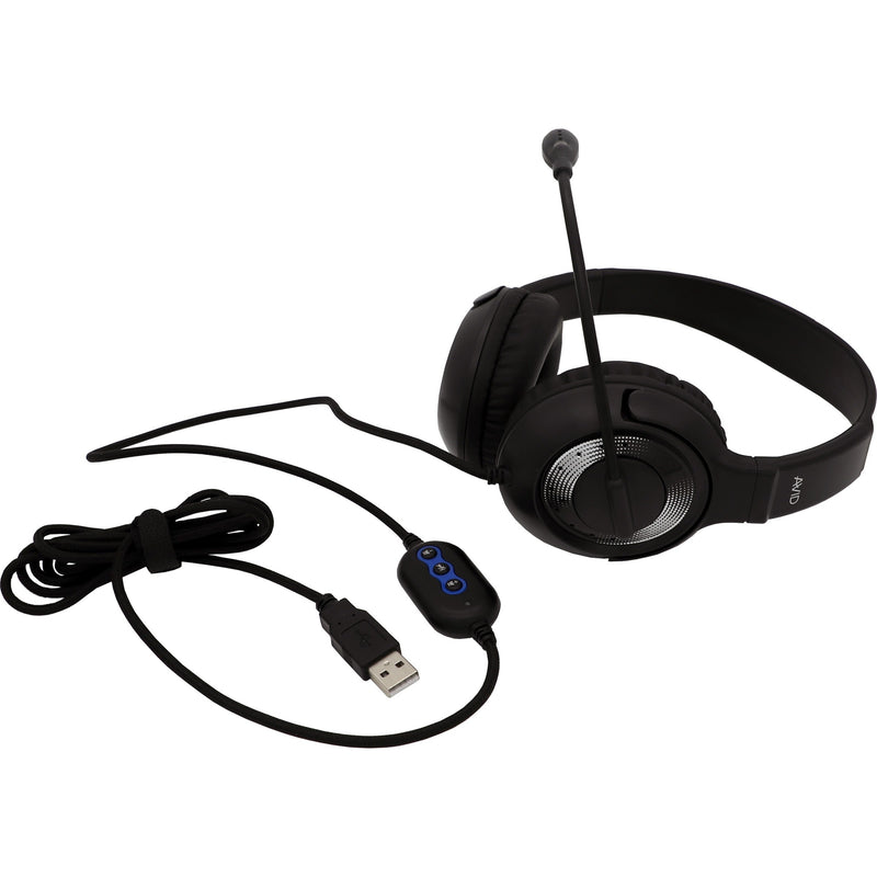 Avid AE-55 USB headset with inline volume control and noise-cancelling microphone shown from side angle