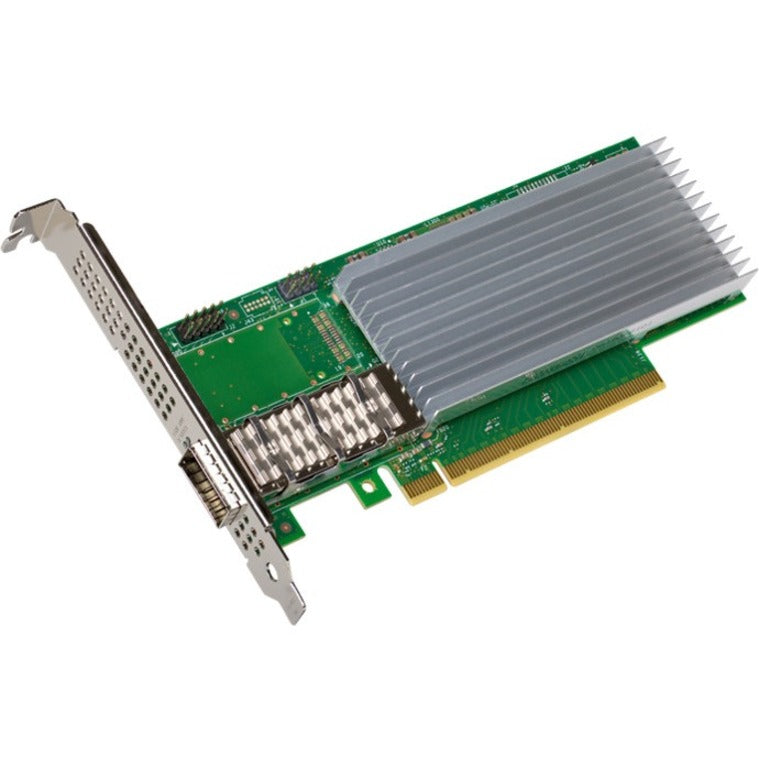 Intel E810-CQDA1 100 Gigabit Ethernet network adapter card featuring a large aluminum heatsink and QSFP28 port-alternate-image1