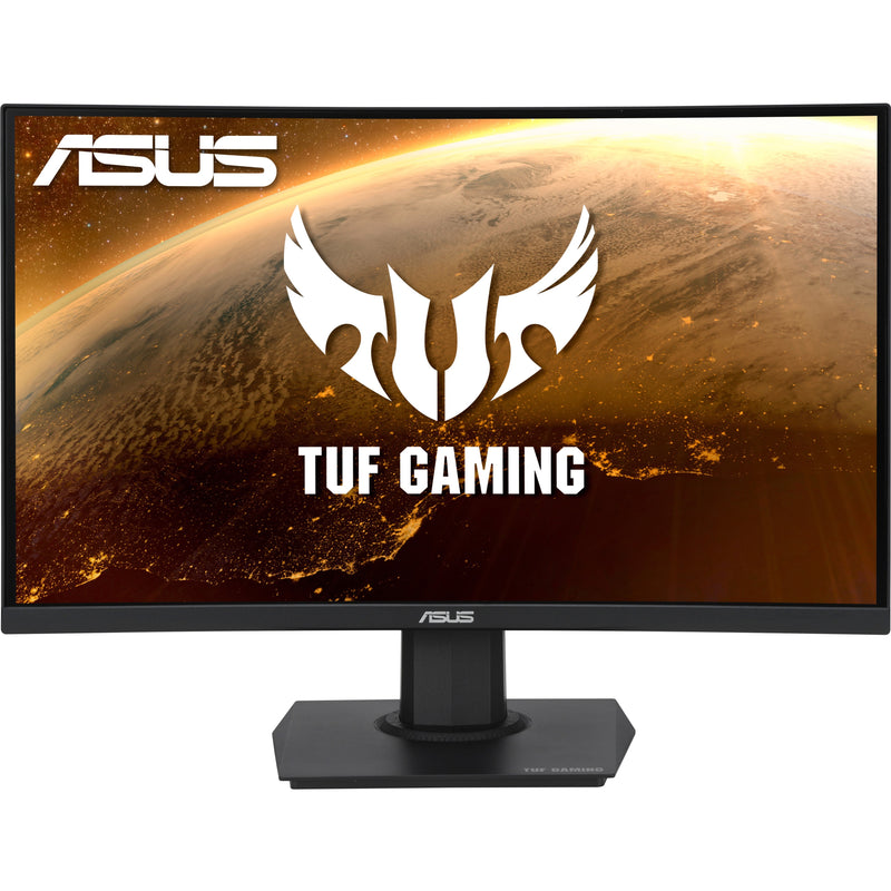 Side angle view of ASUS TUF Gaming VG24VQE curved monitor showing sleek gaming design