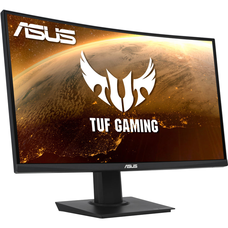 Front view of ASUS TUF Gaming VG24VQE curved gaming monitor displaying TUF Gaming logo on orange planetary background