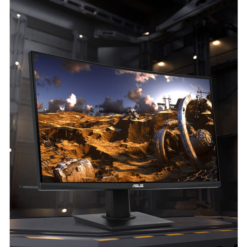 ASUS TUF Gaming VG24VQE monitor displaying high-contrast gaming scene with detailed shadows