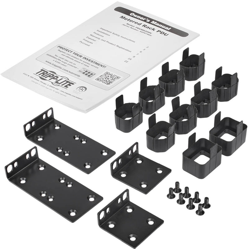 Installation components including mounting brackets, plug-lock inserts, and documentation