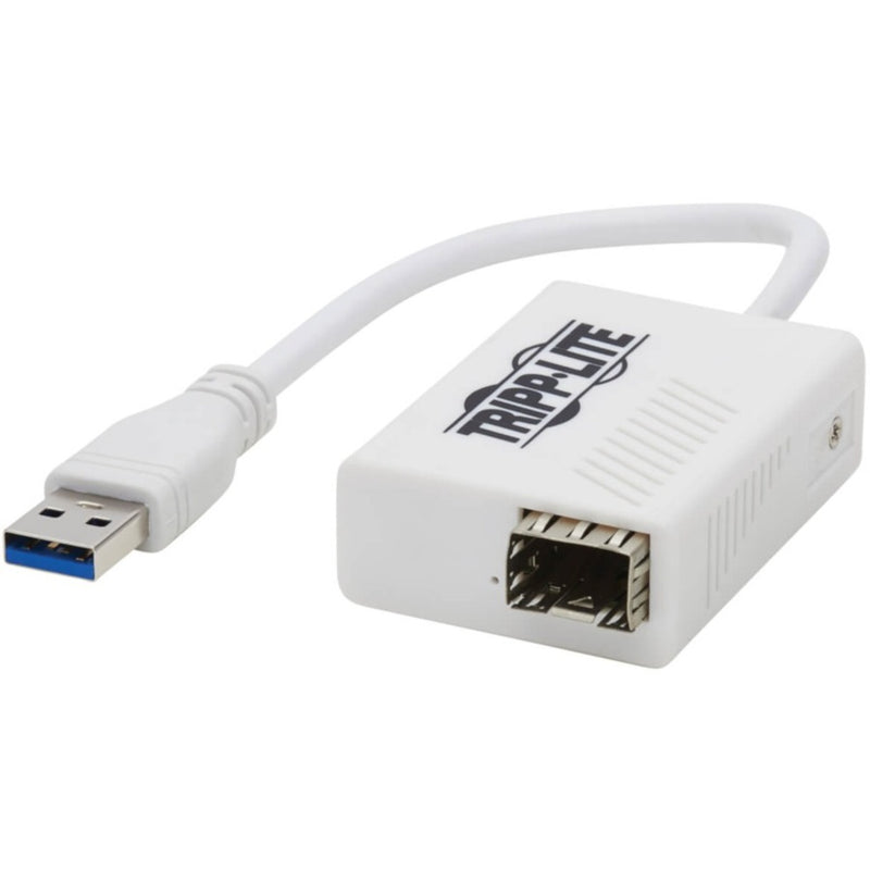 Tripp Lite U336-1G-SFP USB to fiber optic network adapter showing USB connector and SFP port