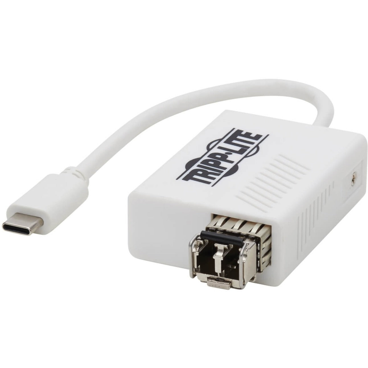 Front view of Tripp Lite USB-C to fiber optic network adapter showing USB-C connector and LC fiber port-alternate-image1