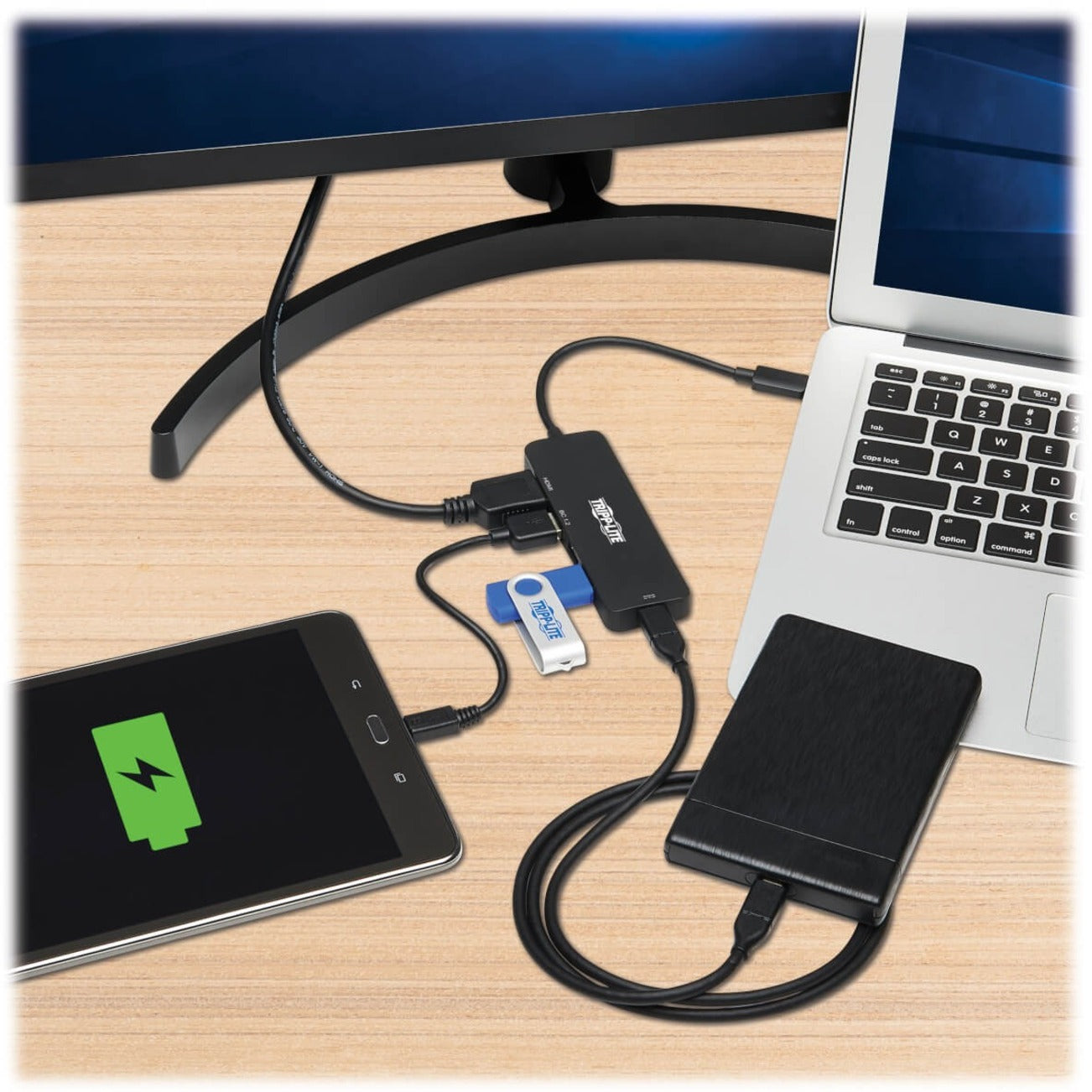 Lifestyle image showing adapter connected to laptop, monitor, and mobile device-alternate-image8