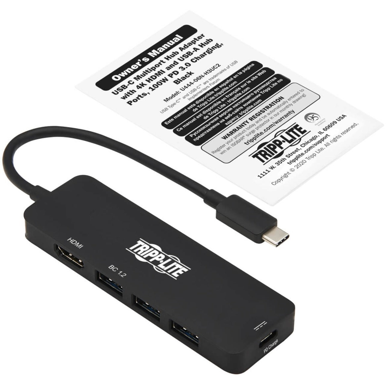 Tripp Lite U444-06N-H3UC2 HDMI/USB/USB-C音视频数据传输适配器，充电，HDCP 2.2，即插即用，USB供电（USB PD） 品牌名称：Tripp Lite 品牌名称翻译：崇高光电