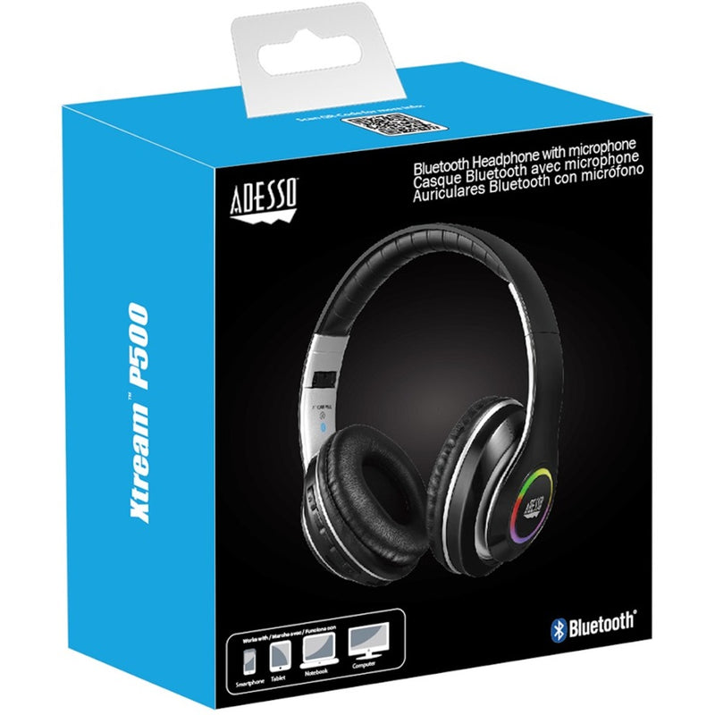 Retail packaging of Adesso Xtream P500 Bluetooth headphones with included accessories