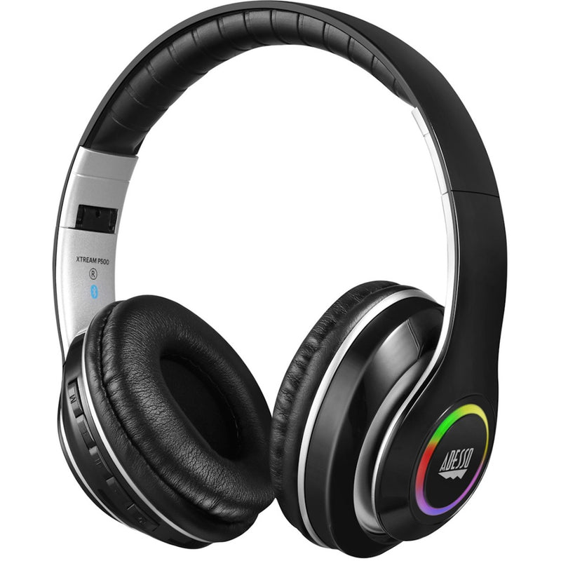 Adesso Xtream P500 Bluetooth headphones featuring RGB lighting ring and premium black leather padding