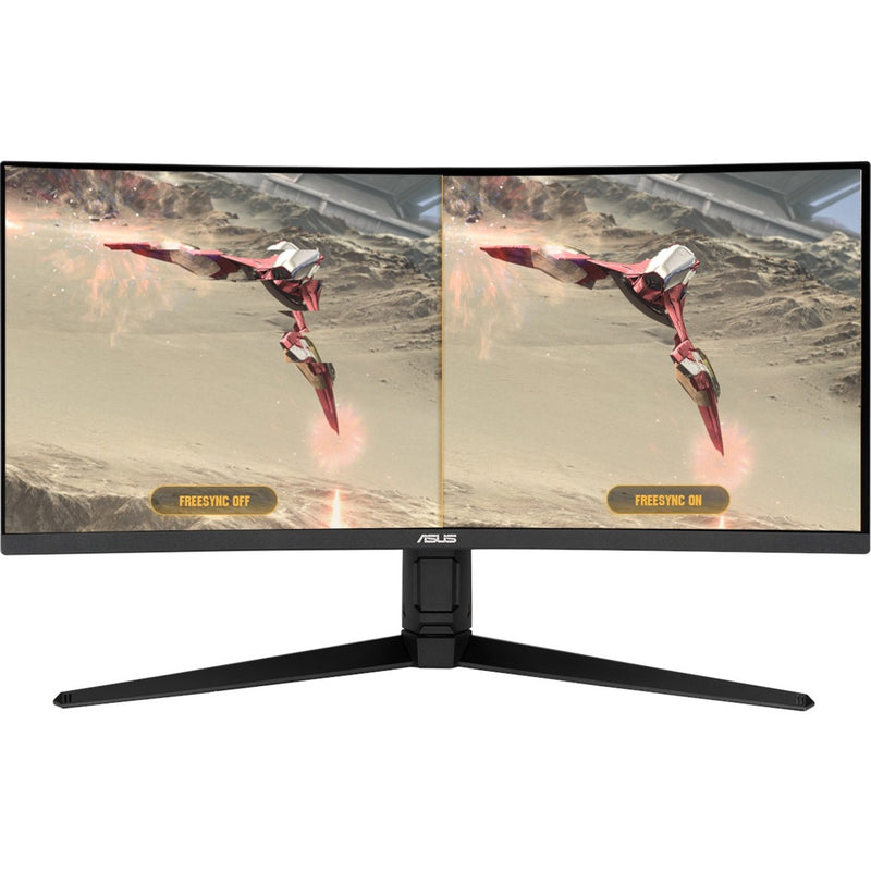 Split-screen comparison showing FreeSync technology benefits on ASUS TUF Gaming monitor