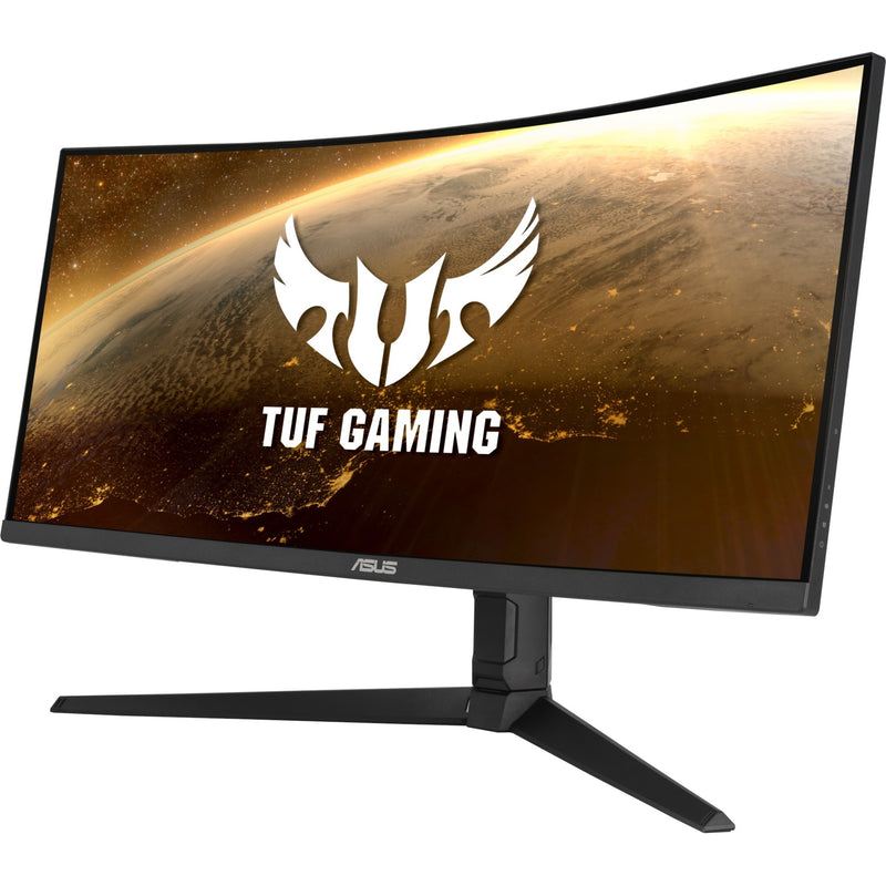 ASUS TUF Gaming VG34VQL1B 34-inch curved gaming monitor displaying TUF Gaming logo on space-themed background