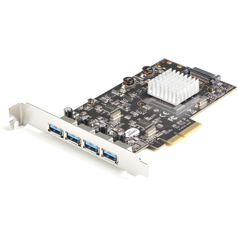 Angled view of StarTech.com PCIe USB 3.2 adapter card showing four USB ports and heatsink