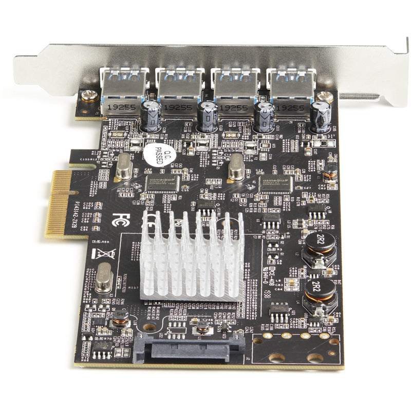 Top-down detailed view of PCIe USB card circuit board showing dual controllers and components