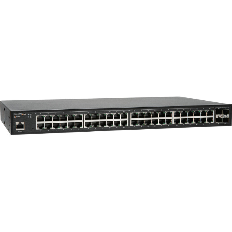 Angular view of SonicWall SWS14-48 switch showing 1U rack mount design and port layout