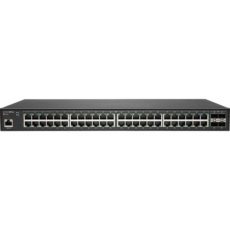 Front view of SonicWall SWS14-48 switch showing 48 Gigabit Ethernet ports and 4 SFP+ slots with LED indicators