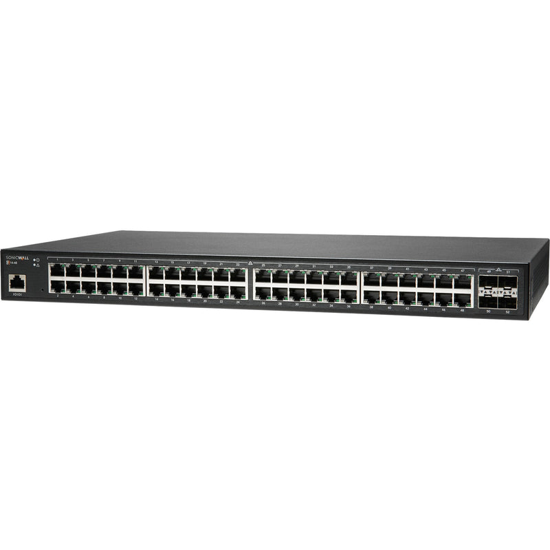 Oblique perspective of SonicWall SWS14-48 switch highlighting port layout and construction