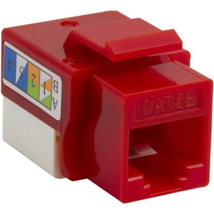 Red Cat5e RJ45 keystone jack with color-coded wiring diagram and CAT5E marking