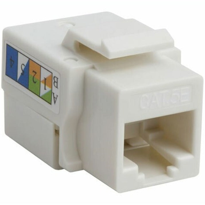 White Cat5e RJ45 keystone jack module with color-coded wiring diagram showing proper cable termination sequence