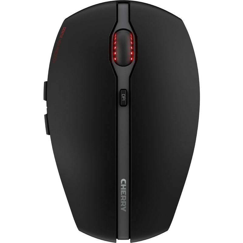 Top view of CHERRY GENTIX wireless mouse showing DPI switch and LED indicators