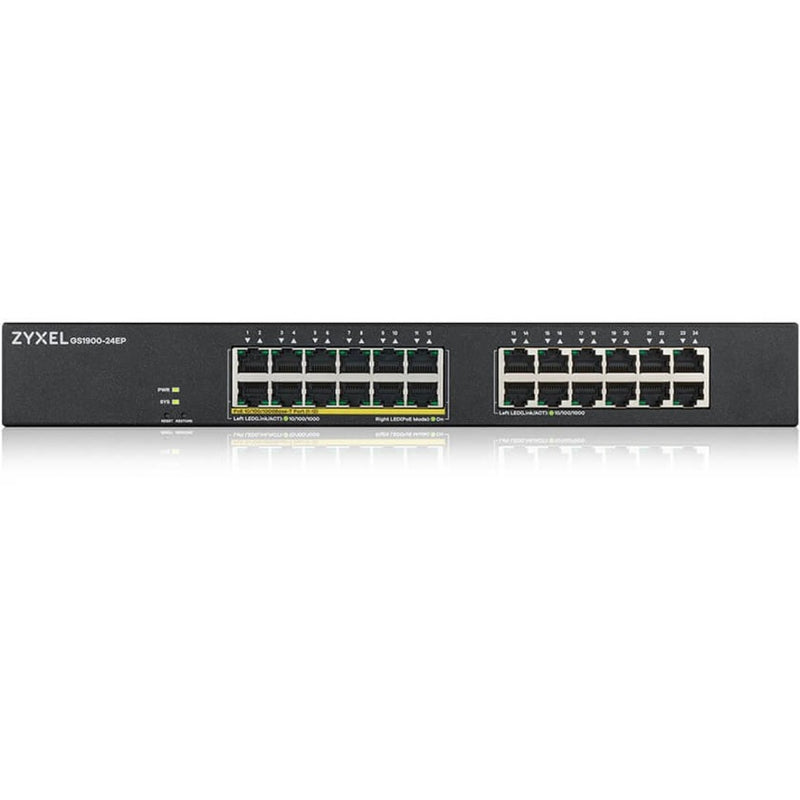 Front view of ZYXEL GS1900-24EP network switch showing 24 Gigabit Ethernet ports, status LEDs, and PoE capability